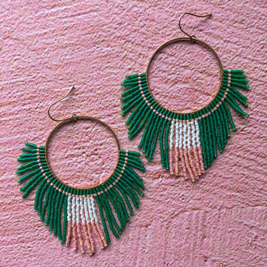 Large Beaded Fringe Statement Hoop Earrings - Green