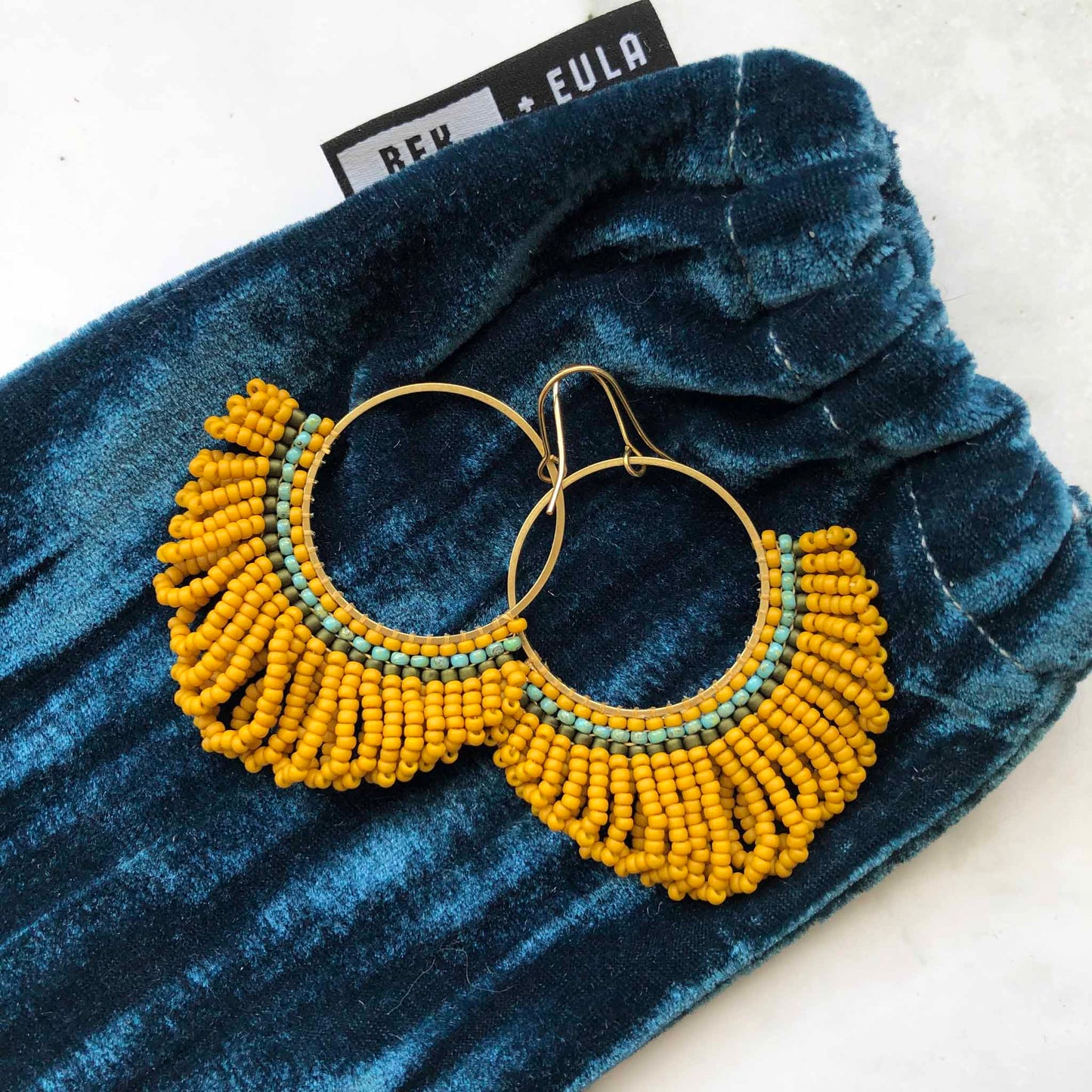 Bead Looped Fringe Statement Hoop Earrings - Mustard