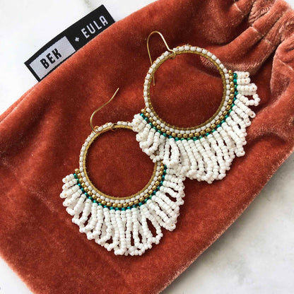 Bead Looped Fringe Statement Hoop Earrings - White