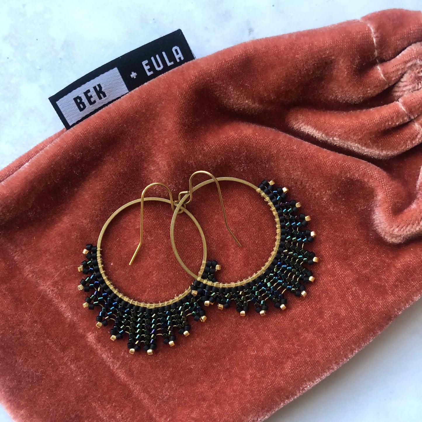 Medium Delica Herringbone Hoop Bead Earrings - Black and Gold