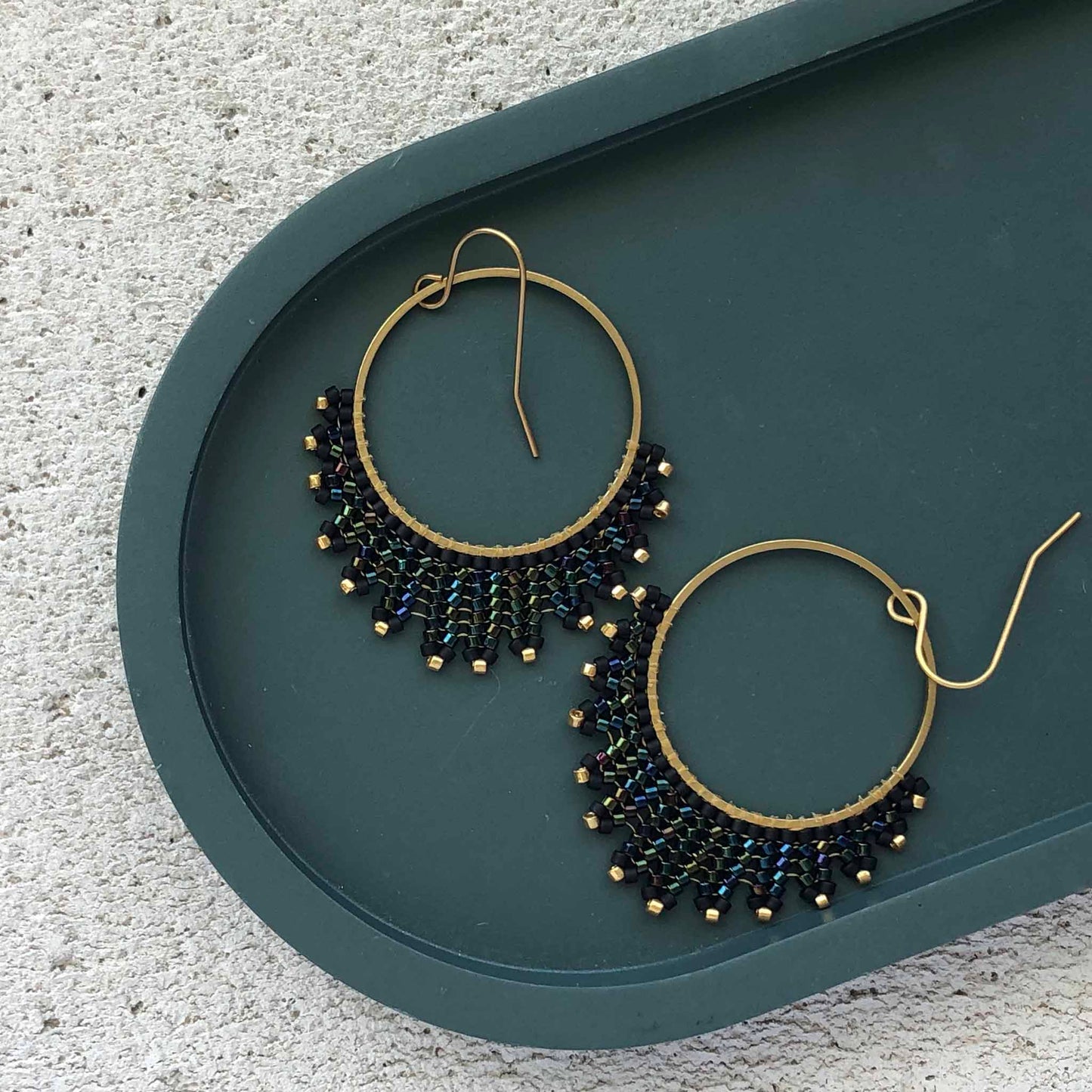 Medium Delica Herringbone Hoop Bead Earrings - Black and Gold