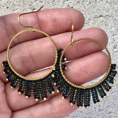 Medium Delica Herringbone Hoop Bead Earrings - Black and Gold