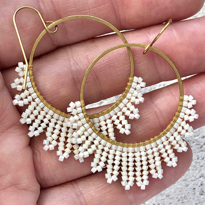 Medium Delica Herringbone Hoop Bead Earrings - Creamy Lustre