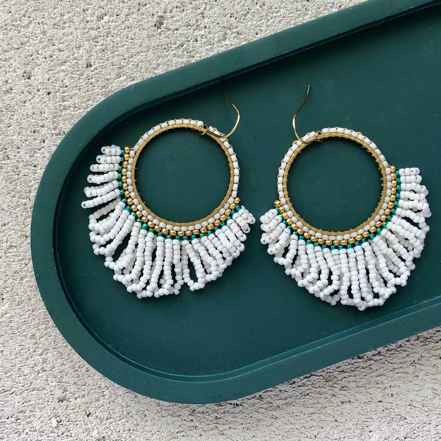 Bead Looped Fringe Statement Hoop Earrings - White