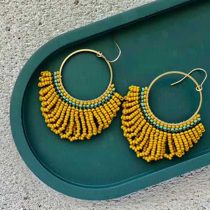 Bead Looped Fringe Statement Hoop Earrings - Mustard