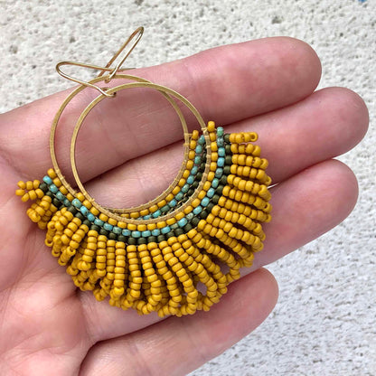 Bead Looped Fringe Statement Hoop Earrings - Mustard