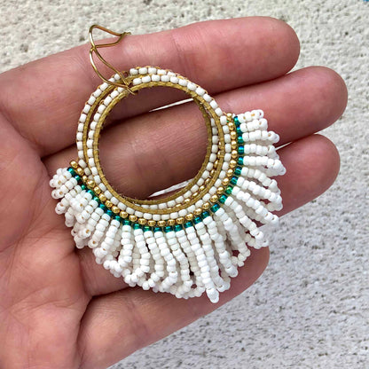 Bead Looped Fringe Statement Hoop Earrings - White