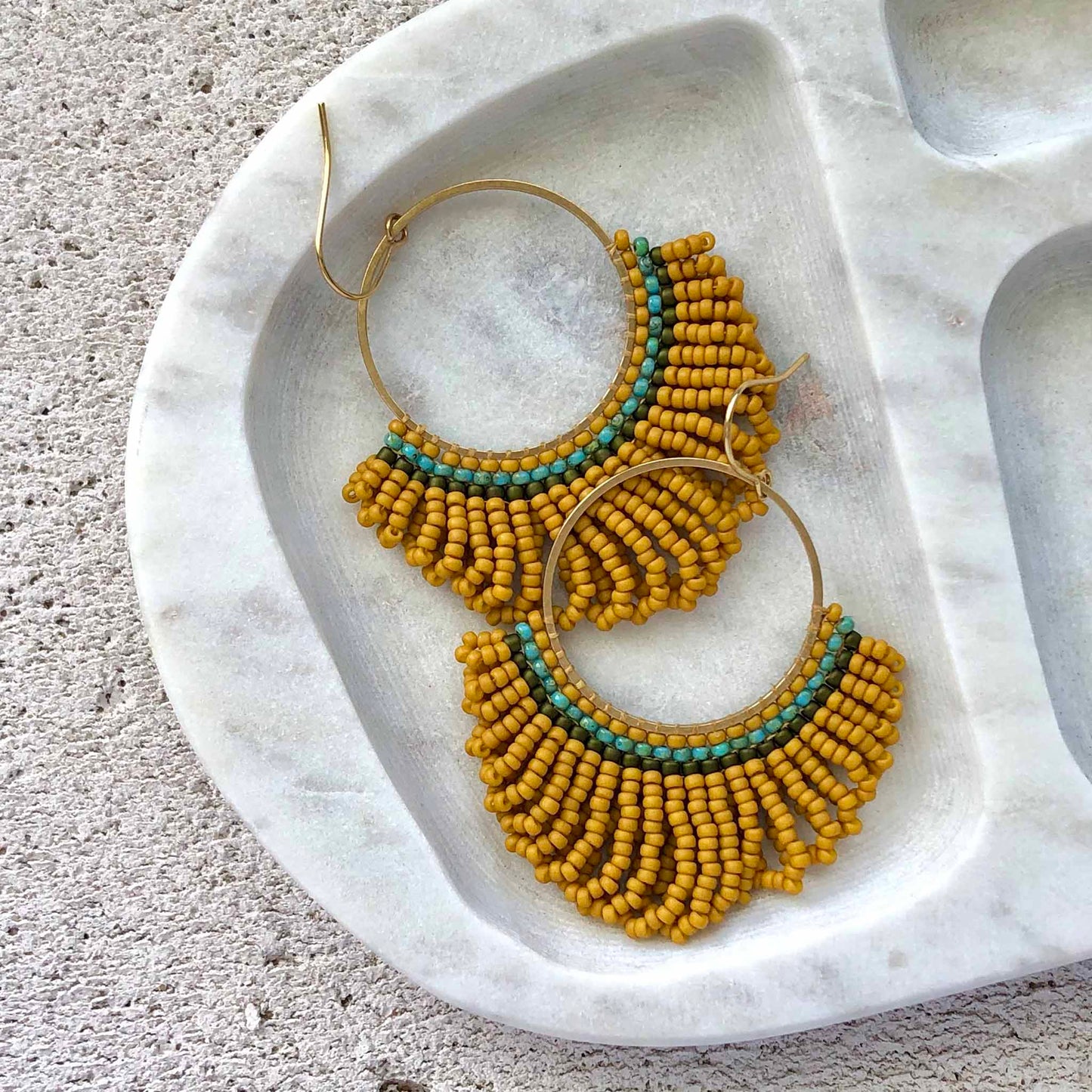 Bead Looped Fringe Statement Hoop Earrings - Mustard