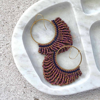 Bead Looped Fringe Statement Hoop Earrings - Copper/Bronze