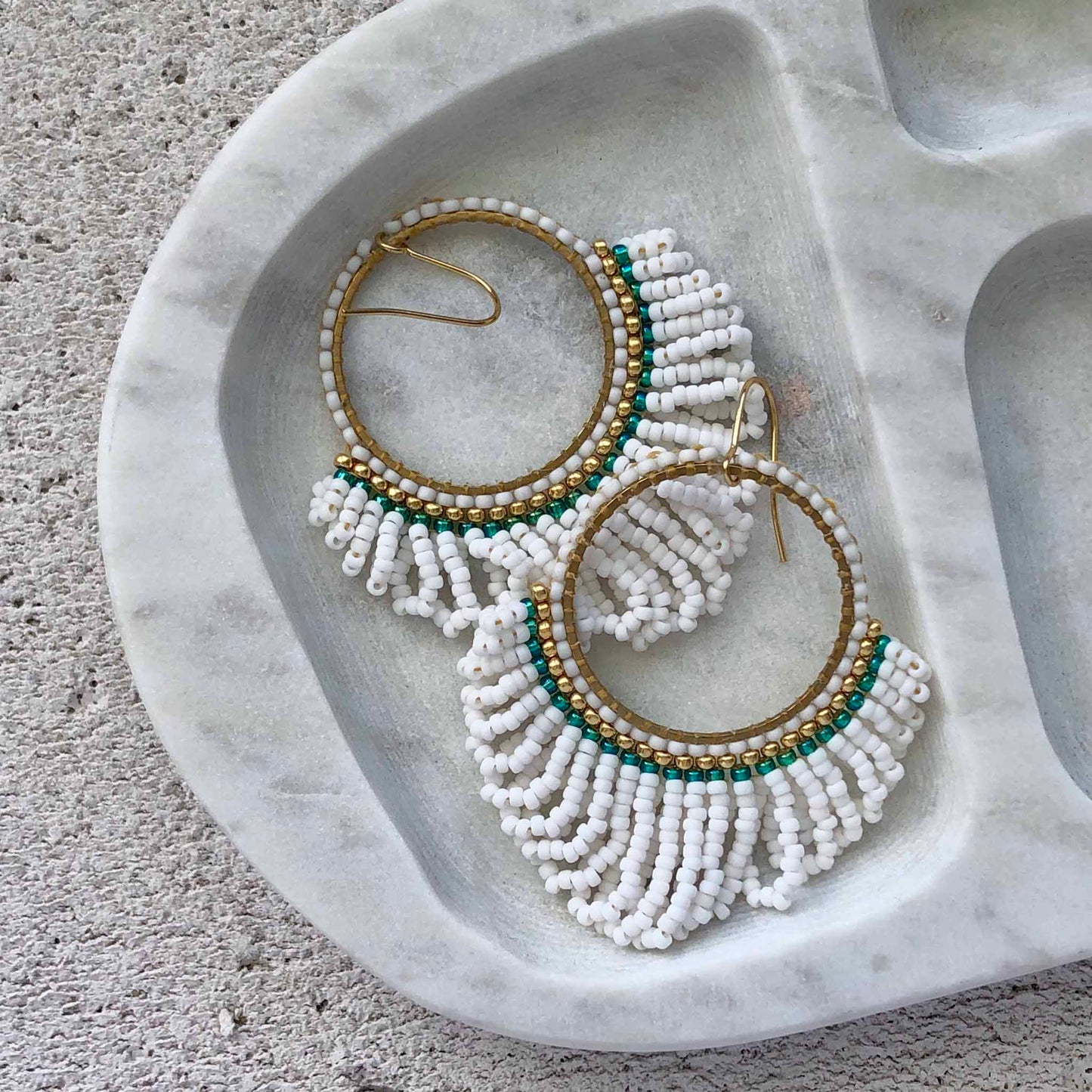 Bead Looped Fringe Statement Hoop Earrings - White