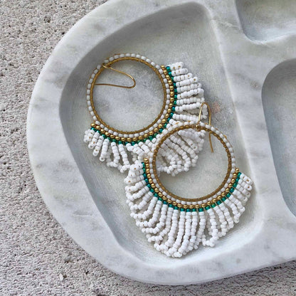 Bead Looped Fringe Statement Hoop Earrings - White