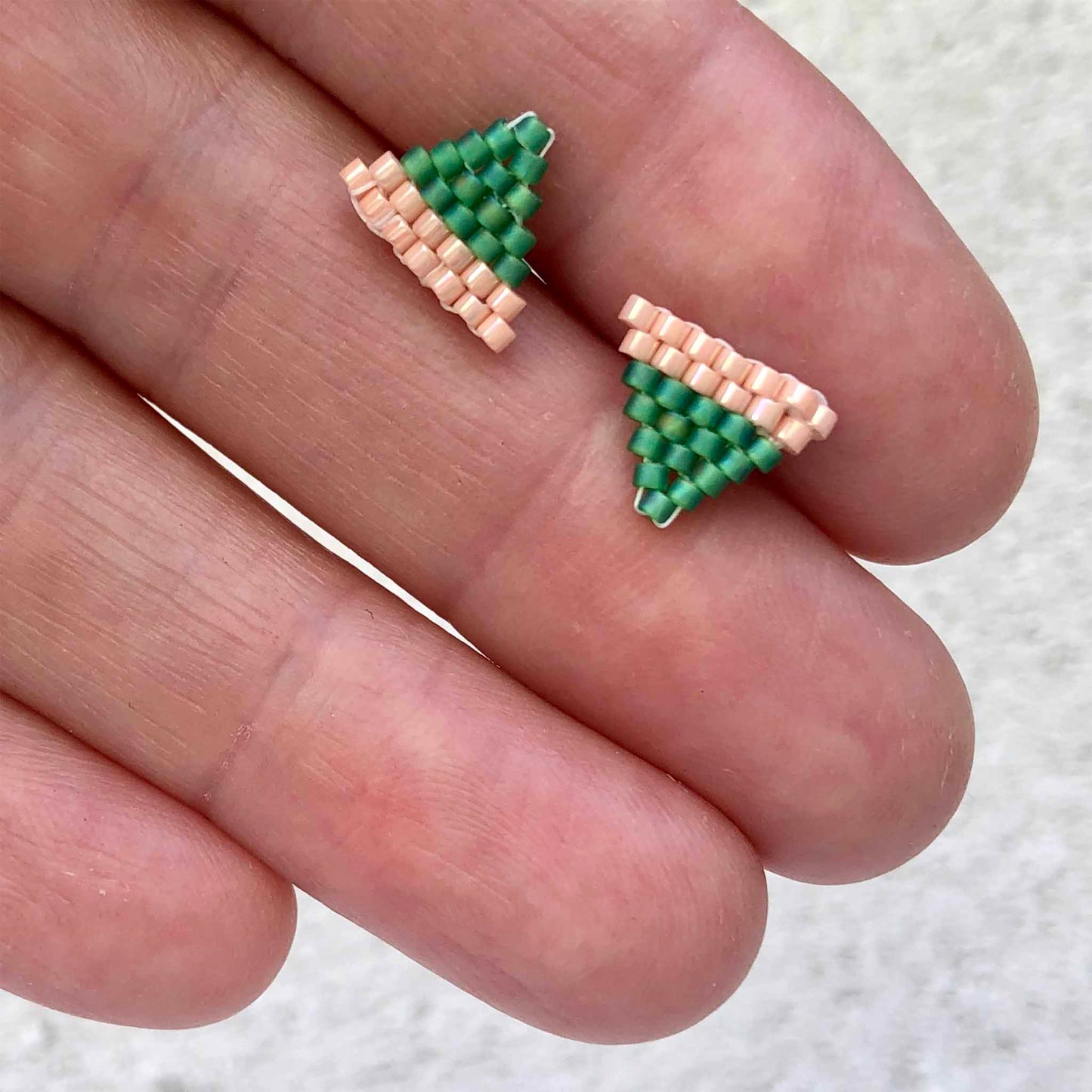 Tiny Triangle Two Tone Studs - Green/Soft Pink