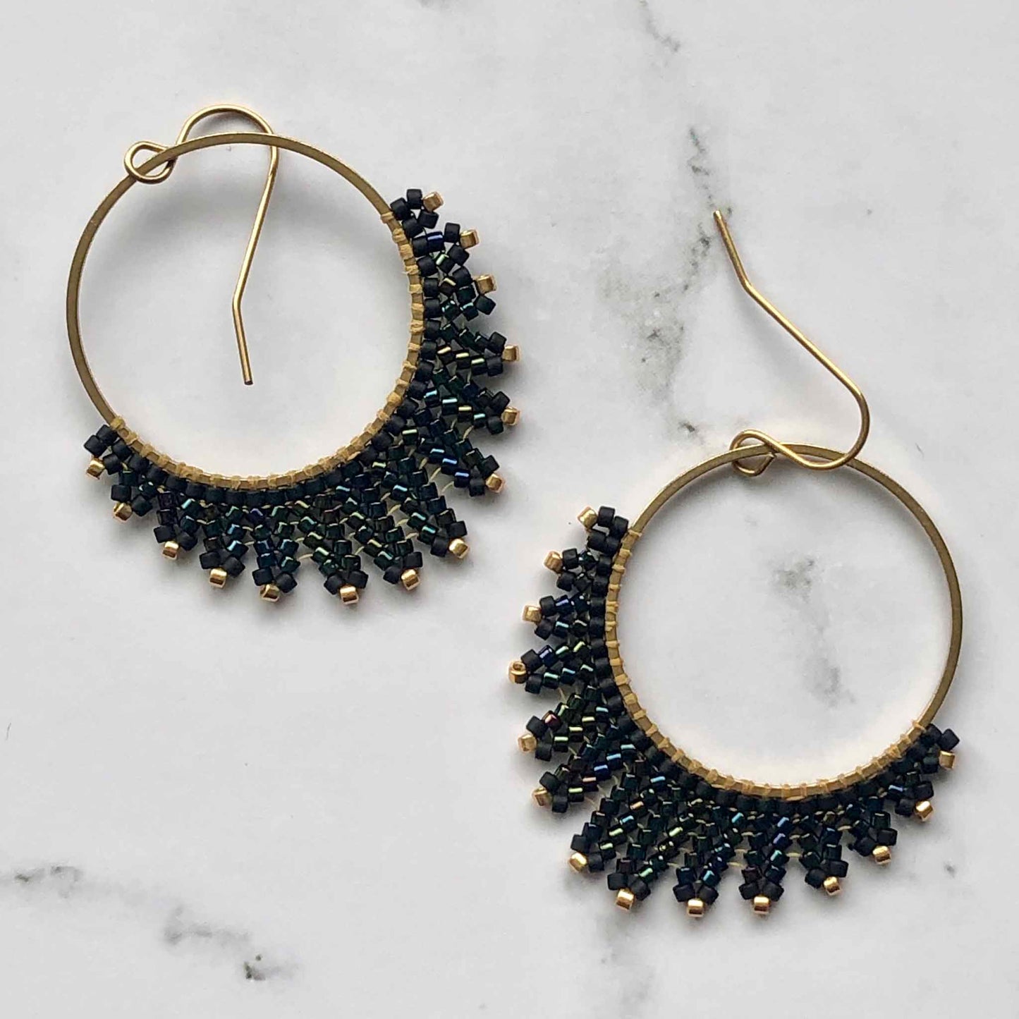 Medium Delica Herringbone Hoop Bead Earrings - Black and Gold