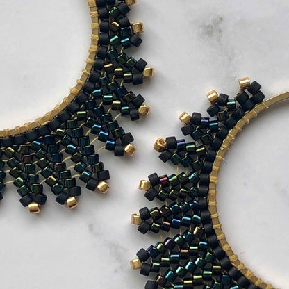 Medium Delica Herringbone Hoop Bead Earrings - Black and Gold