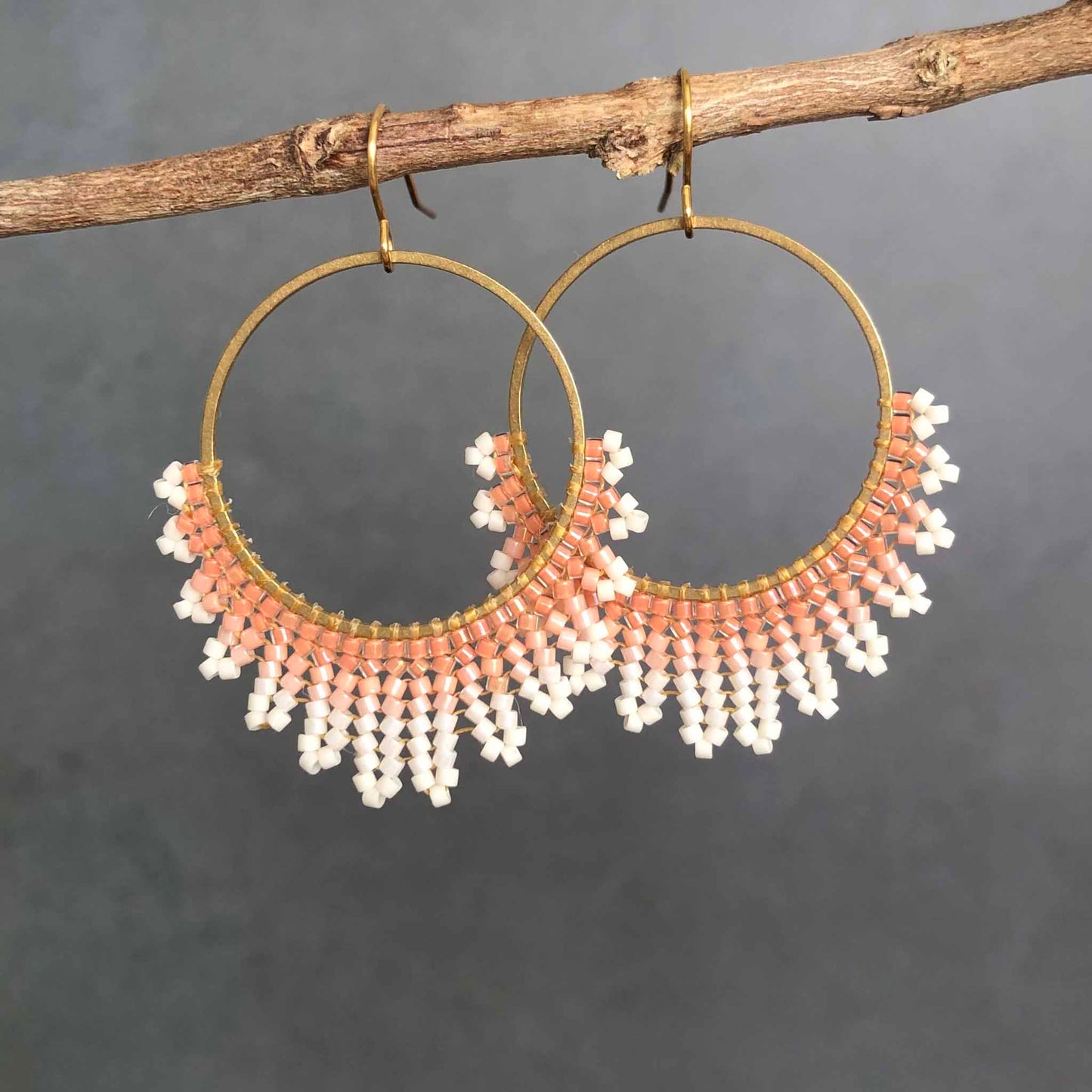 Medium Delica Herringbone Hoop Bead Earrings - Peaches and Cream