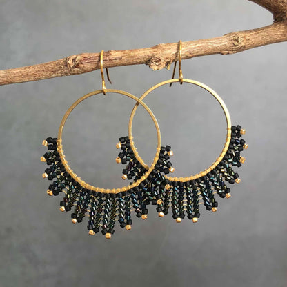 Medium Delica Herringbone Hoop Bead Earrings - Black and Gold