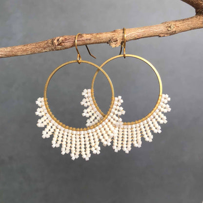 Medium Delica Herringbone Hoop Bead Earrings - Creamy Lustre