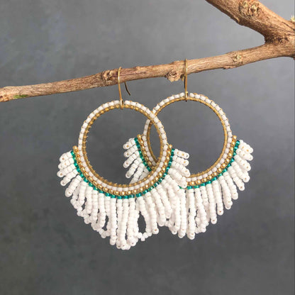 Bead Looped Fringe Statement Hoop Earrings - White