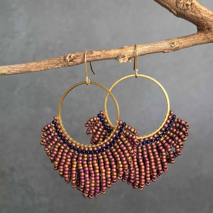 Bead Looped Fringe Statement Hoop Earrings - Copper/Bronze