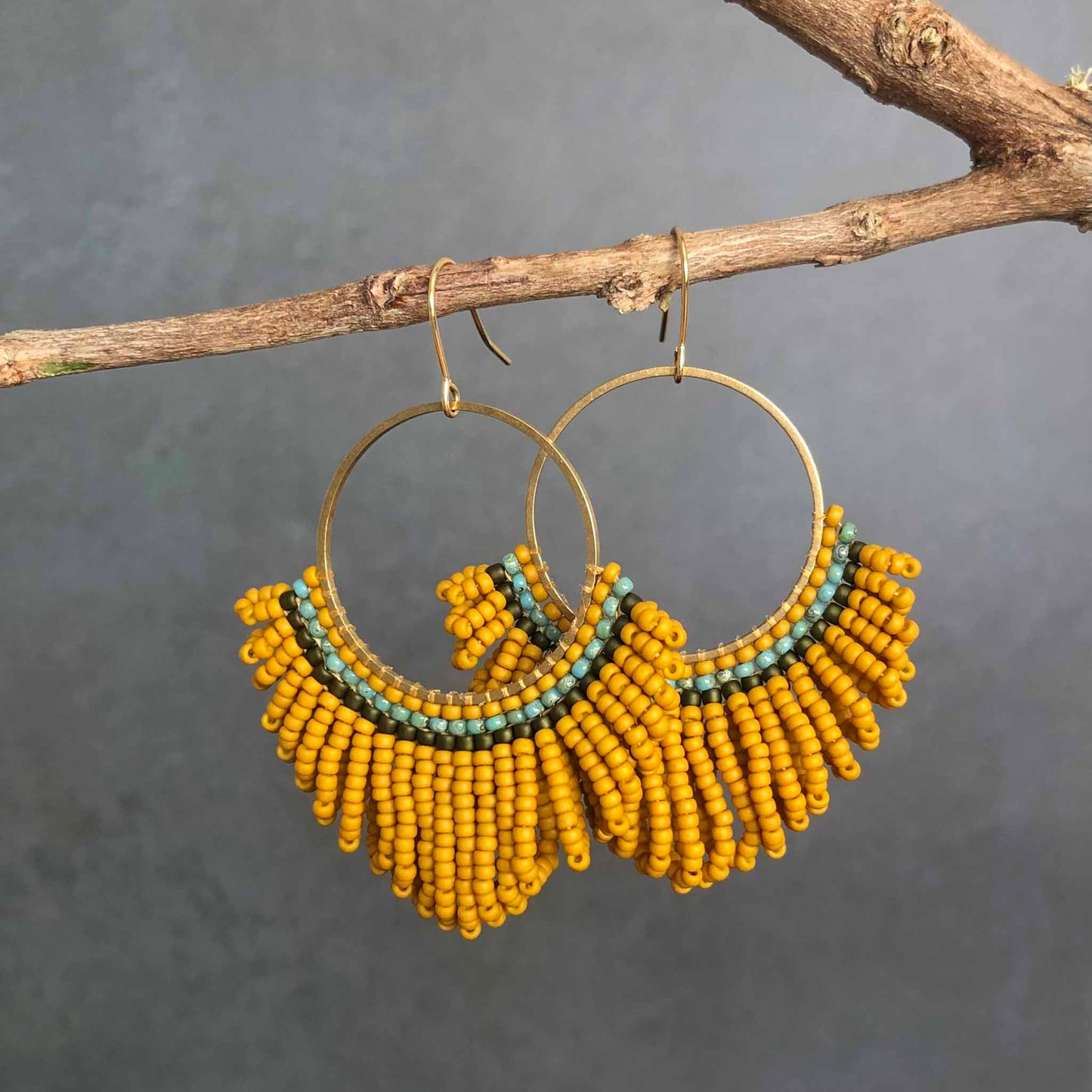 Bead Looped Fringe Statement Hoop Earrings - Mustard