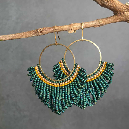 Bead Looped Fringe Statement Hoop Earrings - Teal Blue Iris