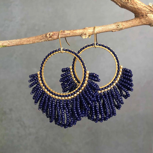 Bead Looped Fringe Statement Hoop Earrings - Navy